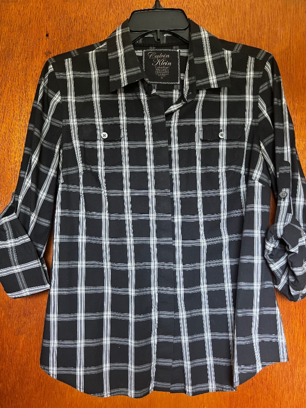 Calvin Klein Women’s Black & White Plaid Blouse – Size Medium